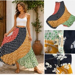 Anandas Collection Boho Patchwork Maxi Skirt Multicolor Flowy XL